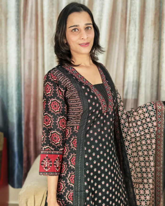 Elegant Black Ajrakh Printed Kurta Set for ethnic wear