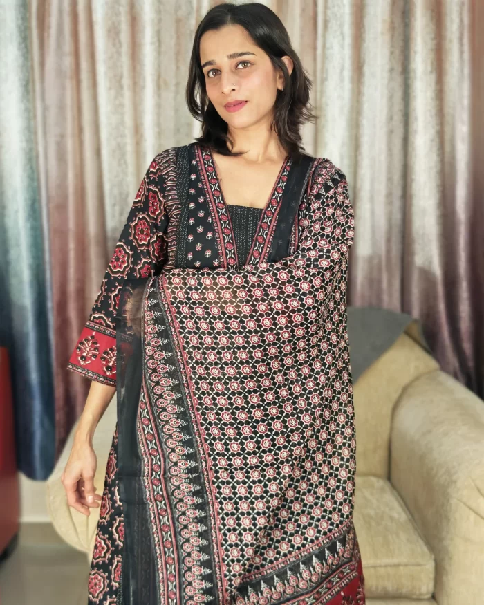 Traditional black kurta set with Ajrakh-inspired print