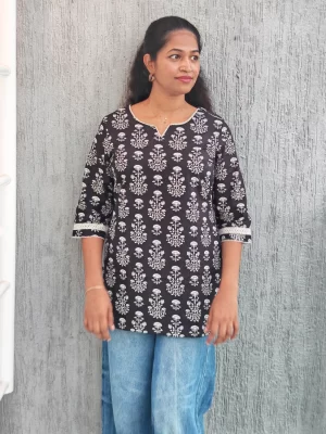 Black Floral Handblock Cotton Top for women