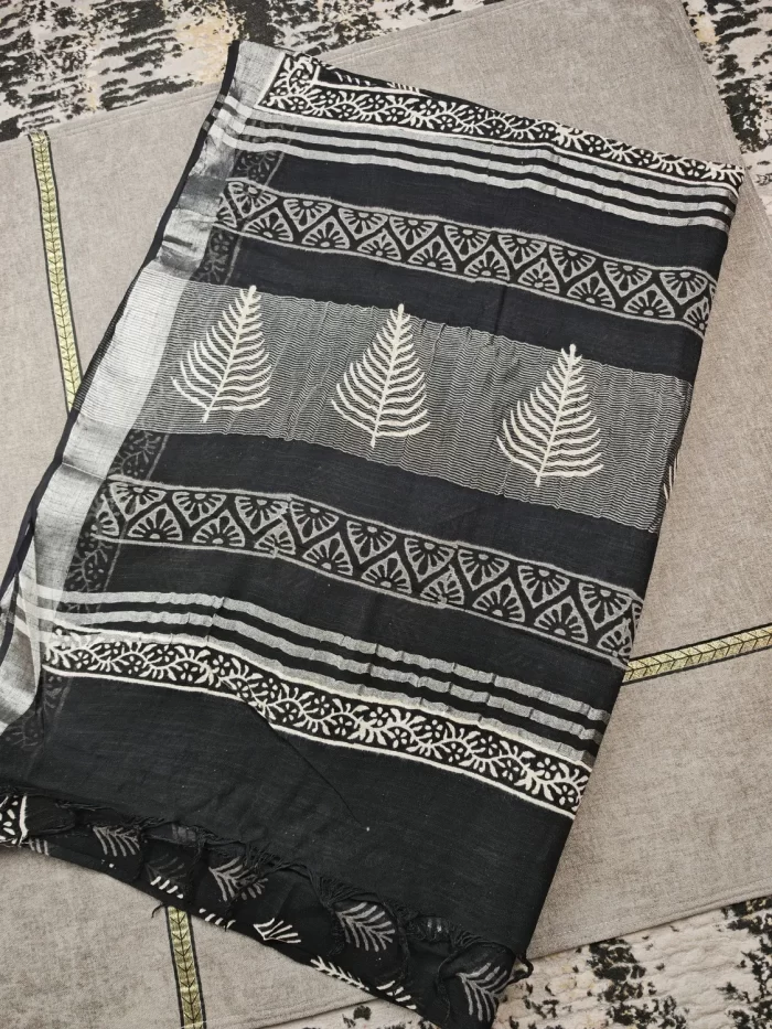 Black printed linen cotton saree with tassels