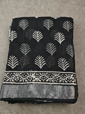 Black Handblock Linen Cotton Saree (4) Lightweight black ethnic saree