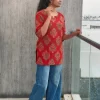 Women's crimson cotton tunic top with Mughal-inspired motifs