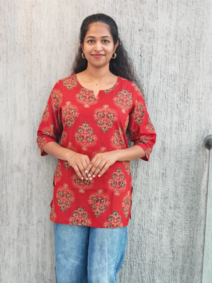Crimson Mughal Print Cotton Tunic Top for women