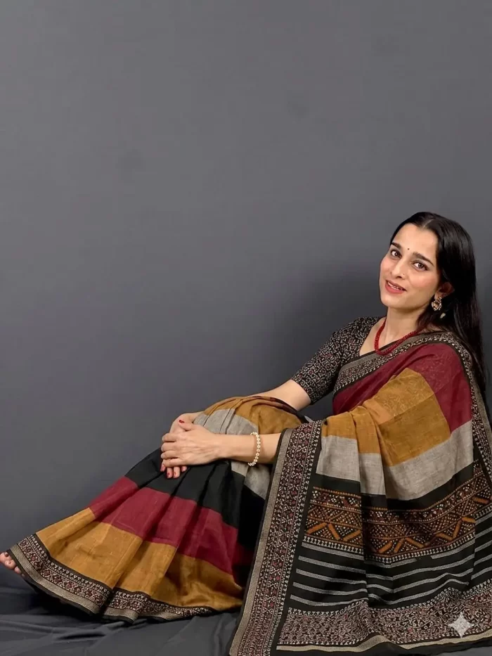 Rustin Maroon Mustard Wine Saree Rustic Charm Mul Cotton Saree full view
