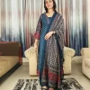 Indigo Ajrakh Printed Kurta Set (1) Indigo Ajrakh kurta set with printed dupatta held open, three-quarter view