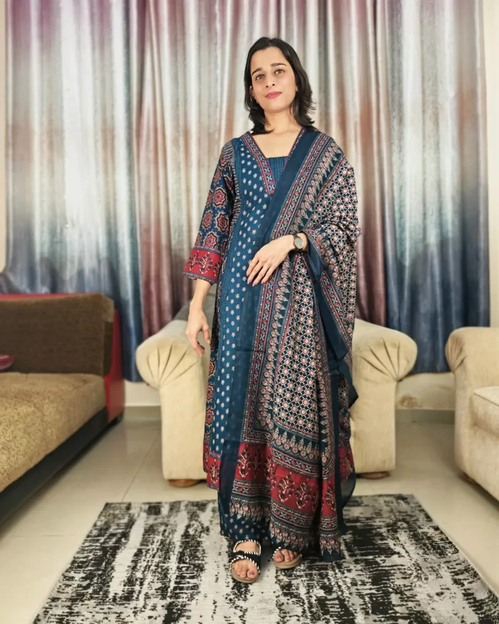 Indigo Ajrakh Printed Kurta Set (1) Indigo Ajrakh kurta set with printed dupatta held open, three-quarter view