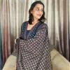 Indigo Ajrakh Printed Kurta Set (3) Indigo Ajrakh kurta set with patterned dupatta held out to show the border