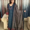 Indigo Ajrakh Printed Kurta Set (6) Indigo Ajrakh printed kurta set with matching trousers and patterned dupatta, front view