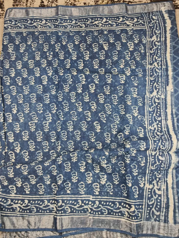 Traditional block print linen cotton saree