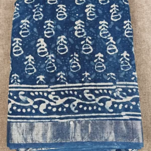 Indigo Block Print Linen Cotton Saree full view