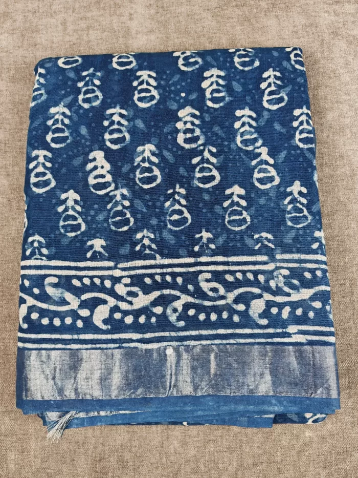 Indigo Block Print Linen Cotton Saree full view