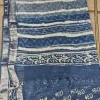 Indigo blue linen cotton saree with block print motifs