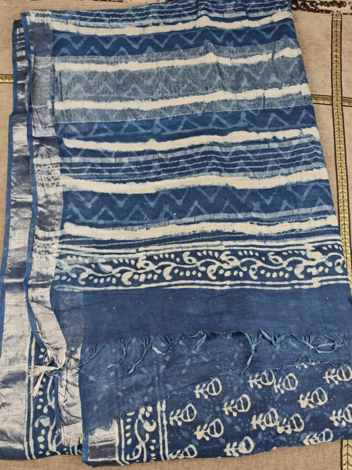 Indigo blue linen cotton saree with block print motifs