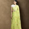 Lime green gingham linen cotton saree
