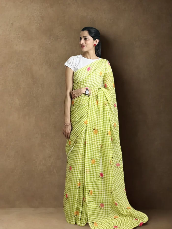 Lime green gingham linen cotton saree