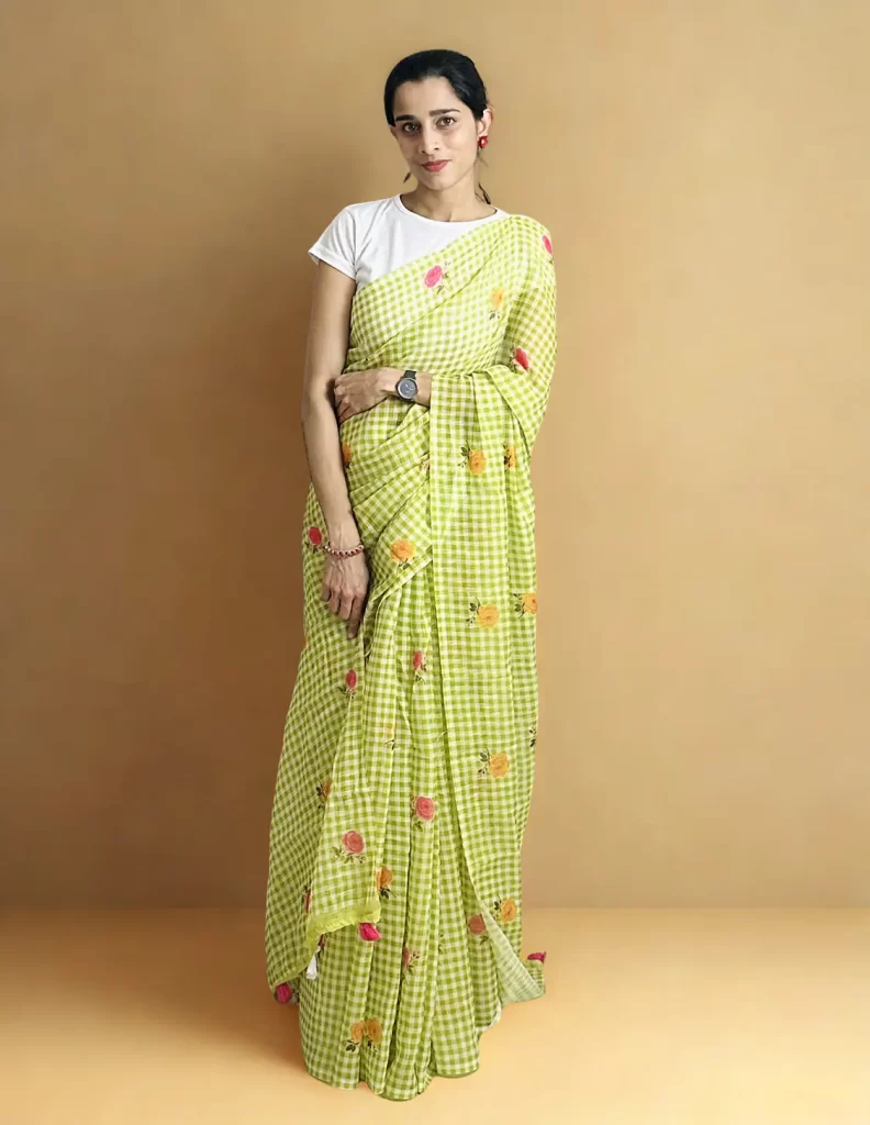 Lime Blossom gingham linen cotton saree with small floral motifs, full-length front view