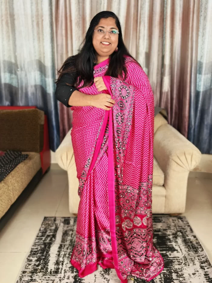 Rani Pink Ajrakh Modal Satin Silk Saree for Women with Traditional Ethnic Print