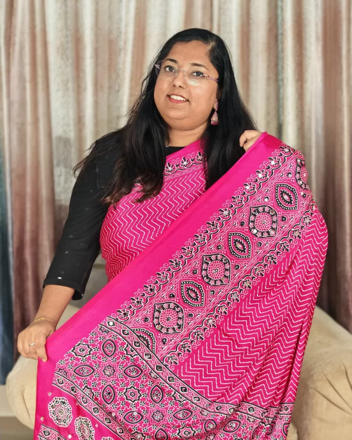 Elegant Rani Pink Modal Satin Silk Saree with Ajrakh Inspired Border Design