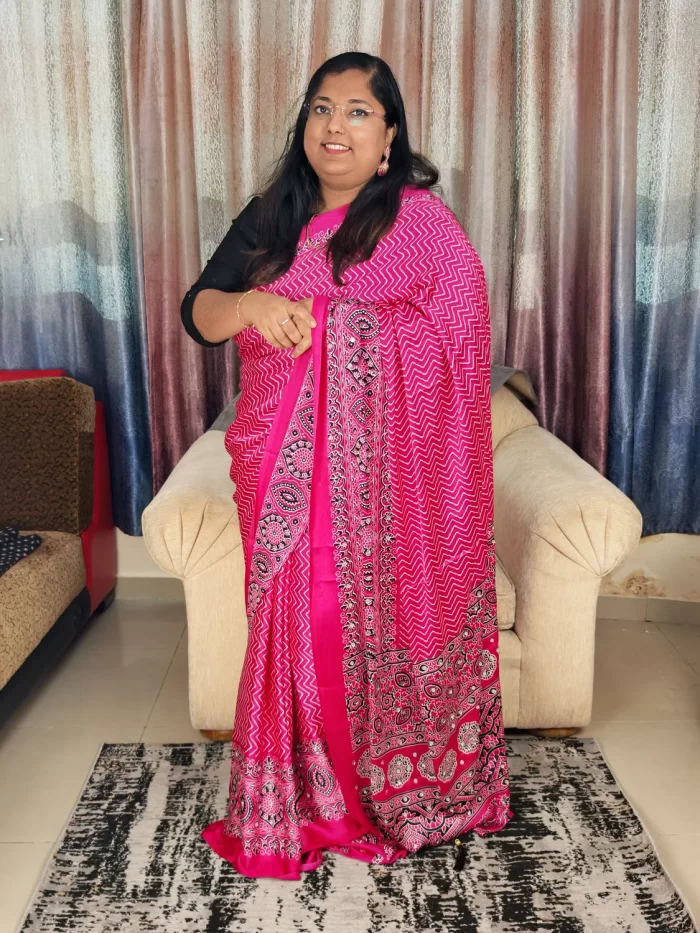 Ajrakh Print Rani Pink Saree with Soft Modal Satin Silk Fabric and Rich Drape