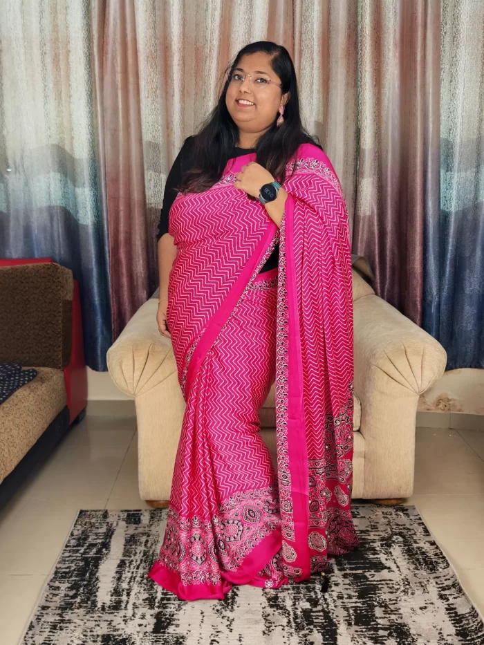 Premium Modal Satin Silk Saree in Rani Pink for Festive and Party Wear