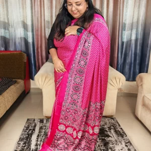 Women's Rani Pink Satin Silk Saree Featuring Chevron Pattern and Ethnic Motifs
