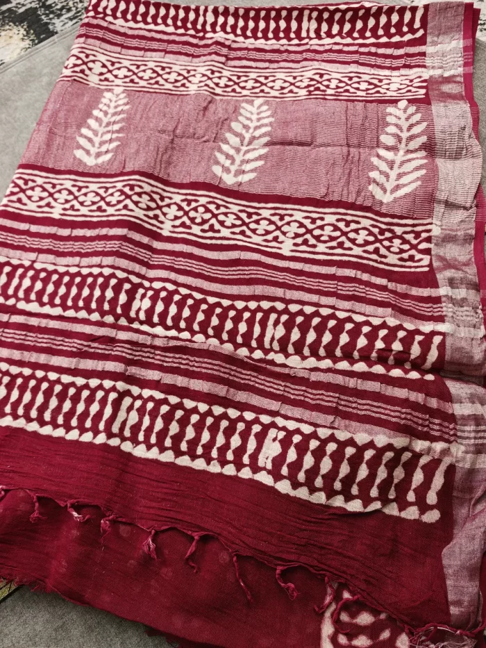 Maroon Block Print Linen Cotton Saree full view
