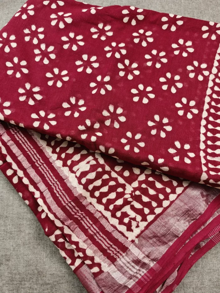 Maroon linen cotton saree with floral block print motifs
