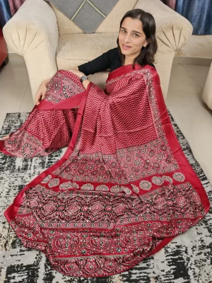 Maroon Modal Satin Silk Saree with traditional ethnic print