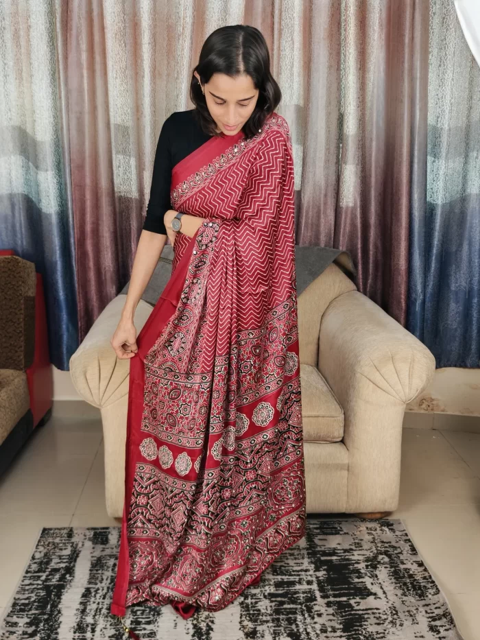 Ethnic Maroon Modal Satin Silk Saree with intricate motif detailing