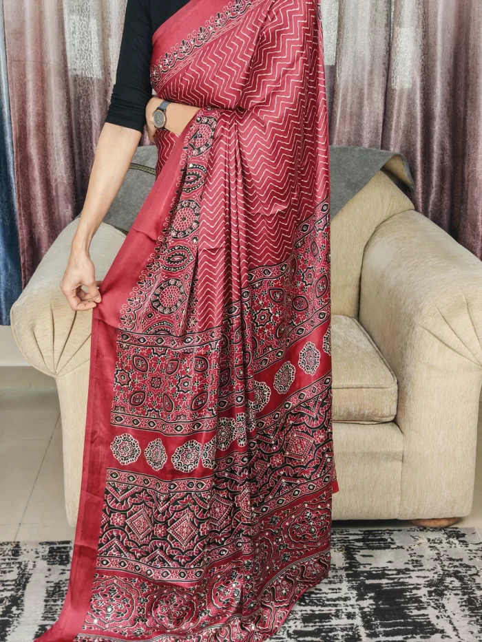 Traditional printed Maroon Modal Satin Silk Saree for women