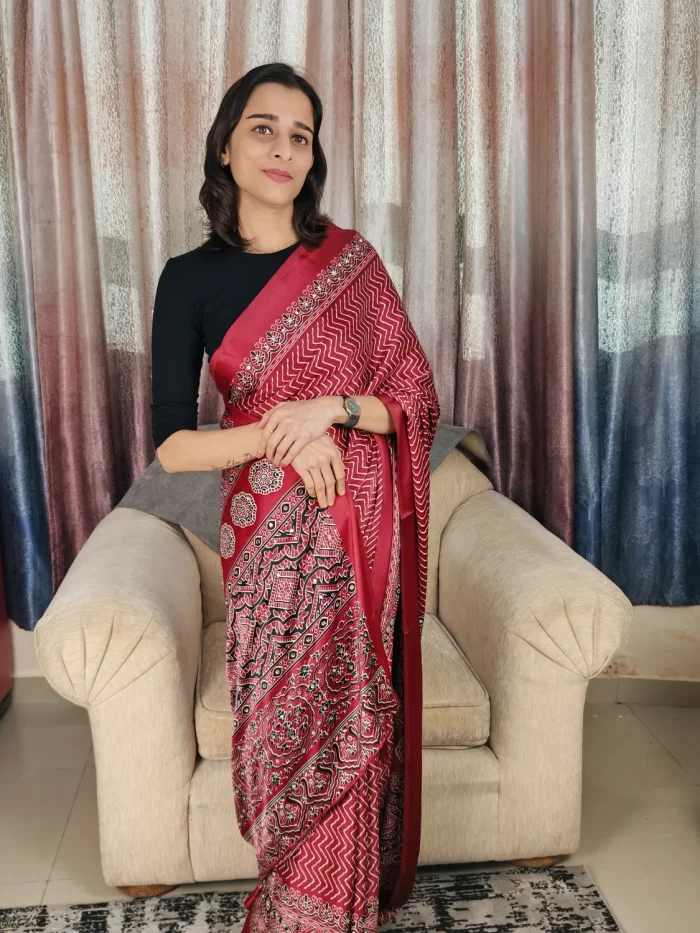 Elegant Maroon Modal Satin Silk Saree for festive occasions