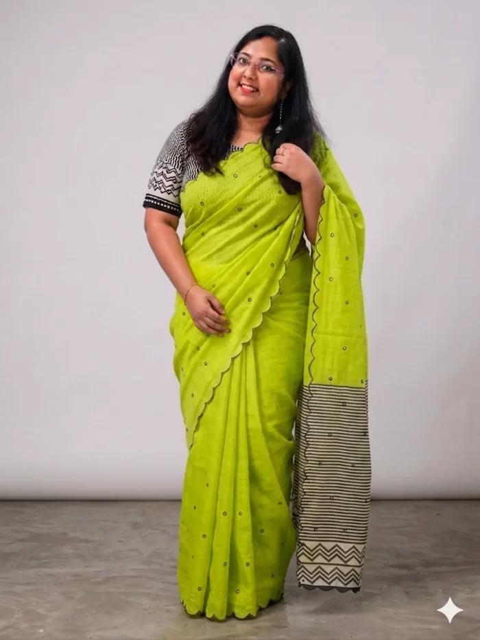 Pista Green Linen Saree (1) Pista Green Linen Cotton Saree with Mirror Work full view