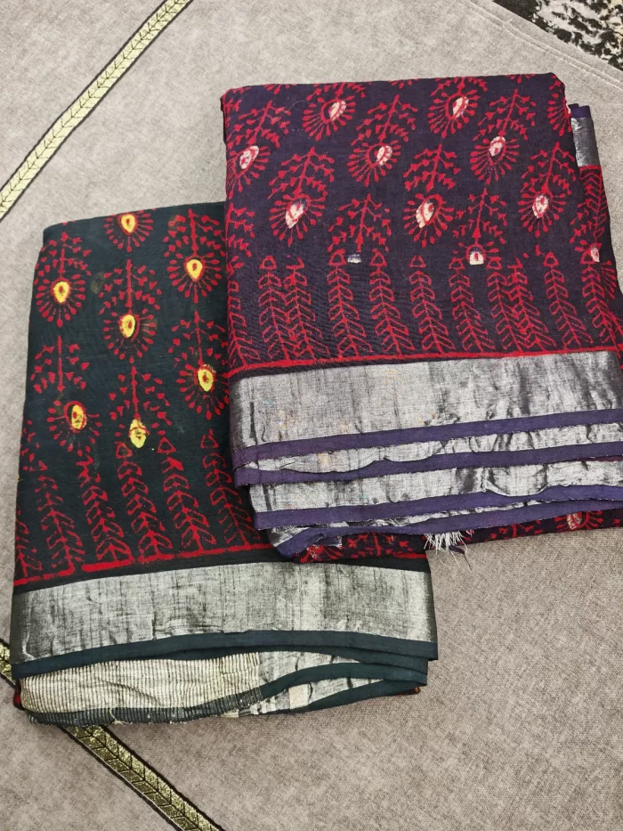 Crimson Bloom Handblock Linen Cotton Saree
