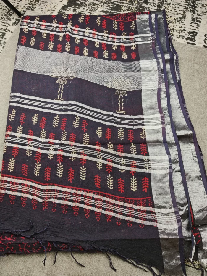 Crimson Bloom Handblock Linen Cotton Saree