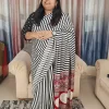 Ruby Noir Striped Satin Modal Saree with ruby red ethnic border