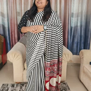 Ruby Noir Striped Satin Modal Saree with ruby red ethnic border