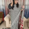 Black and white striped satin modal saree for women