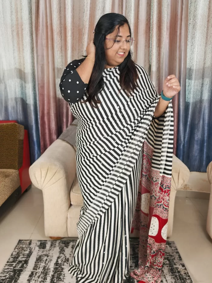 Black and white striped satin modal saree for women