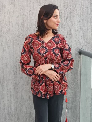 Rust Ajrakh Peplum Top for women
