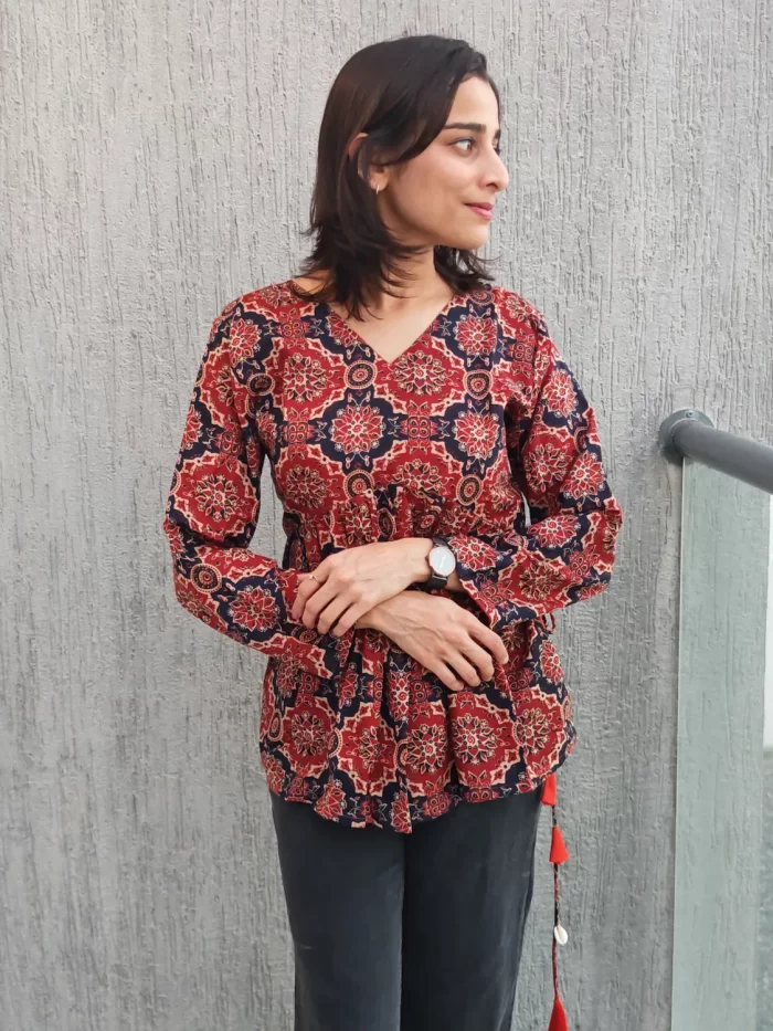 Rust Ajrakh Peplum Top for women