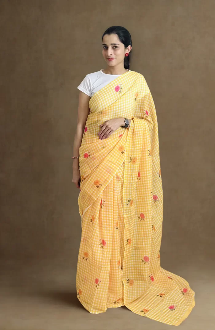 Sunshine Saree (1) Yellow gingham linen cotton saree
