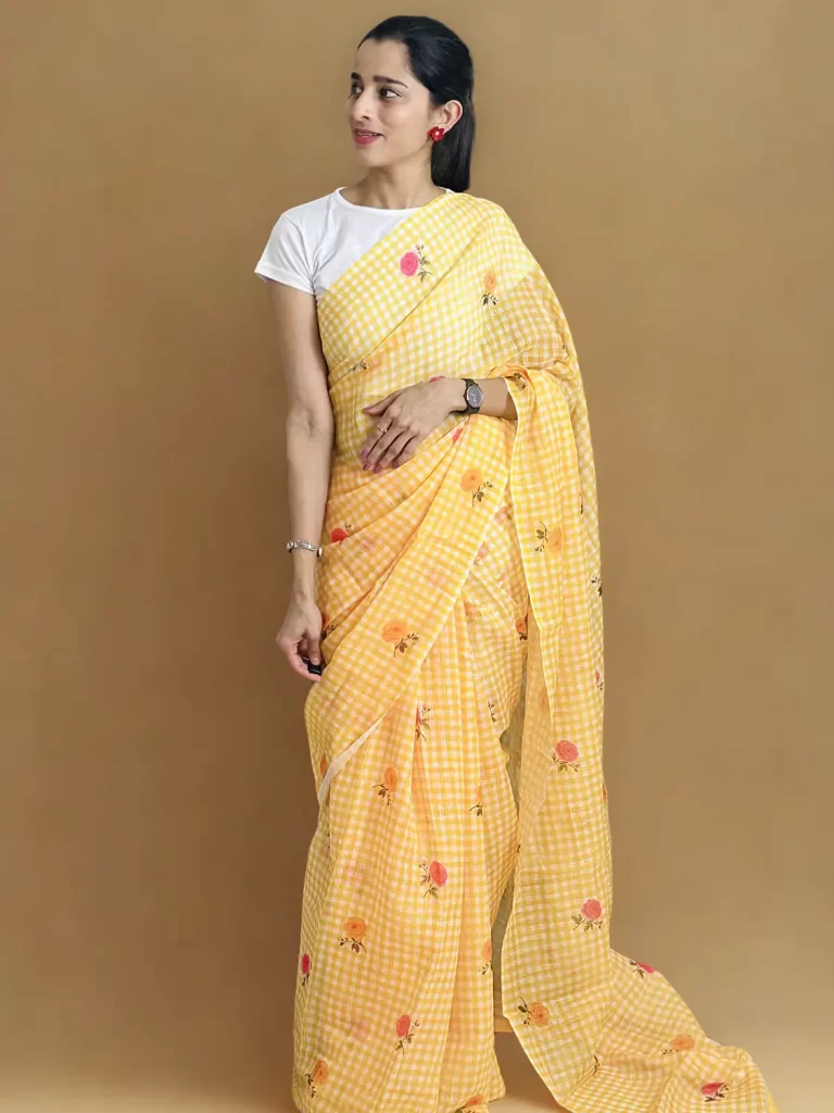 Sunshine Bloom yellow gingham linen cotton saree with scattered floral motifs, closer view