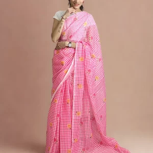 Pink gingham linen cotton saree