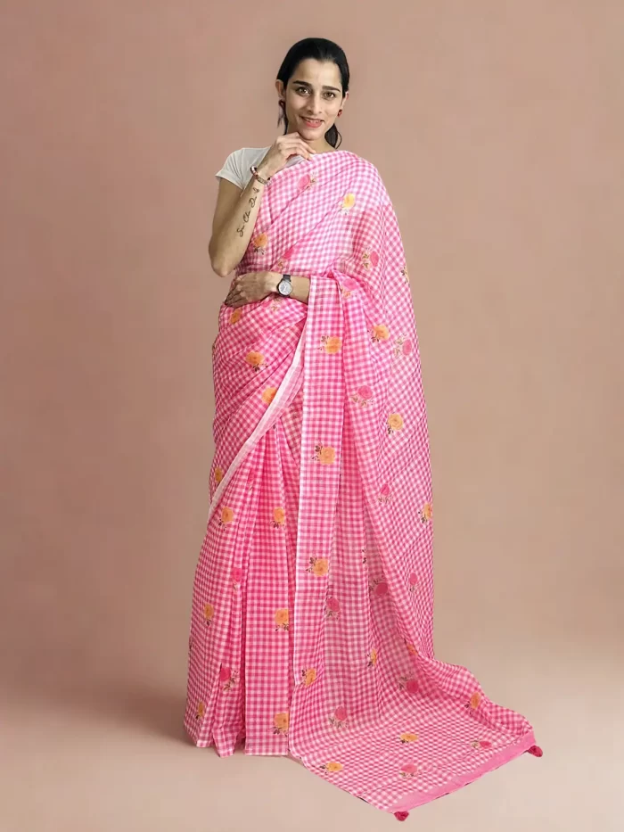Candy color saree (2) Pink gingham linen cotton saree