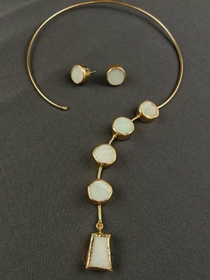 Asymmetric Stone Cascade Neck Cuff Set with pale raw-look stones and matching studs