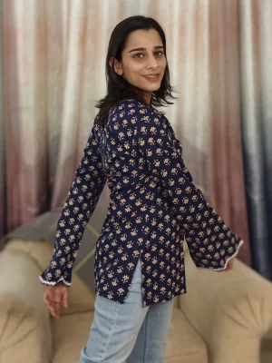 Blue & White Booti Lace Angrakha Tunic shown from the back