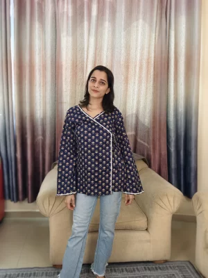 Blue & White Booti Lace Angrakha Tunic in a front portrait