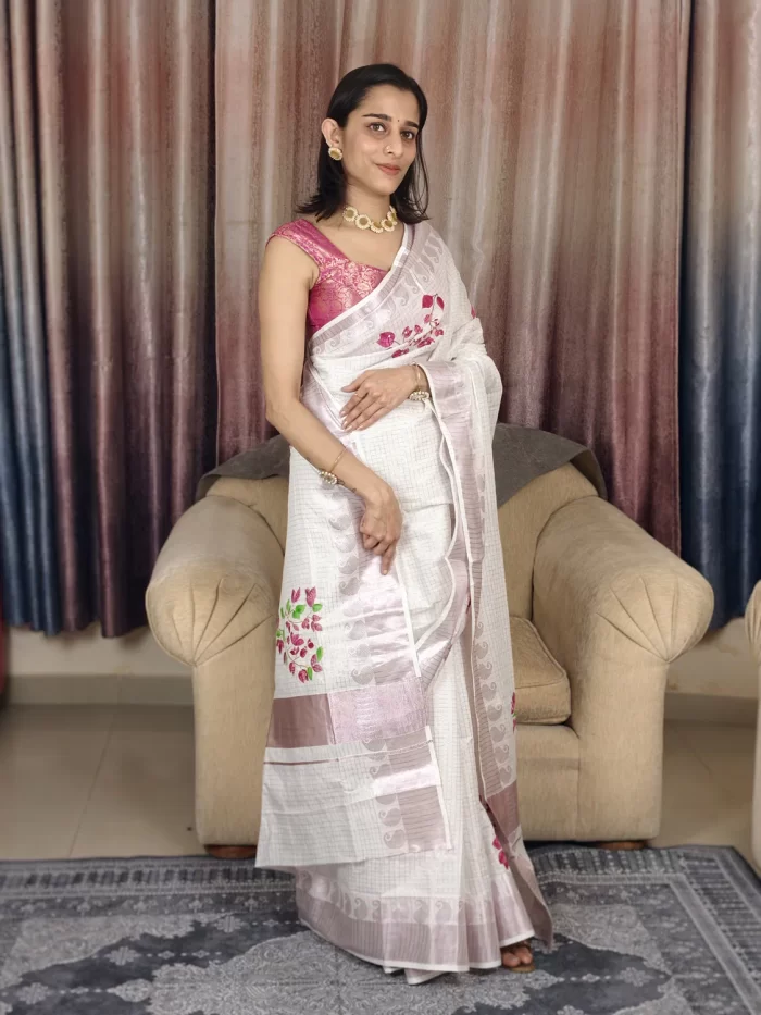 Bougainvillea Hand Painted Saree (1) Full-length front view of Bougainvillea Hand-Painted Saree with pink floral motifs and border