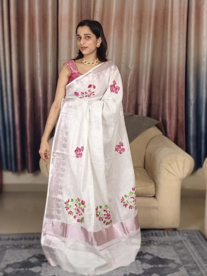 Bougainvillea Hand Painted Saree (3) Angled full-length view of Bougainvillea Hand-Painted Saree highlighting floral border details