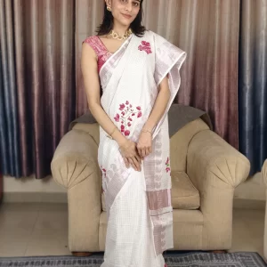 Straight-on view of Bougainvillea Hand-Painted Saree with pink flowers along the drape and hem